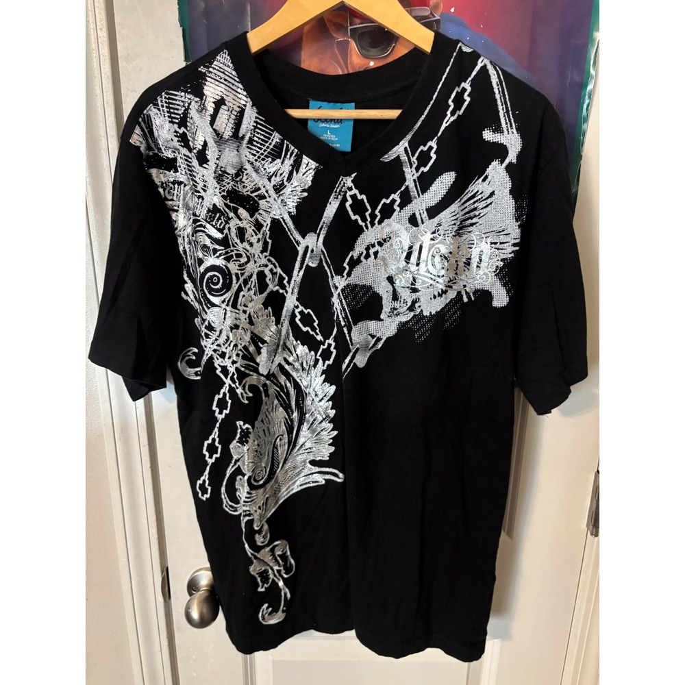 Wicked Authentic Collection Mens V-Neck Graphic T-Shirt Black Silver Foil L